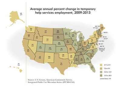 Average annual percent change in temporary help services employment, 2009-2013