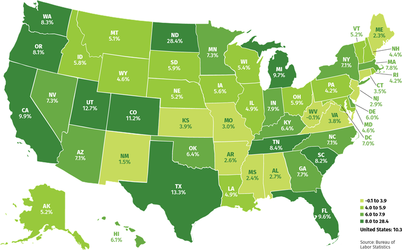 U.S. Map: Percent change in employment