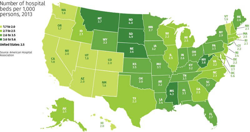 Map: Number of hospital beds per 1,000 persons, 2013