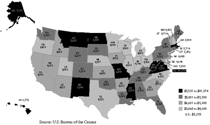 Map of Per capita distribution of federal funds 1996
