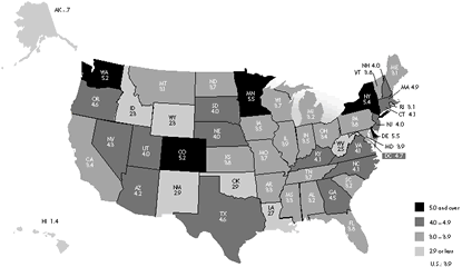 Map showing percent change in average annual pay from 1995 to 1996
