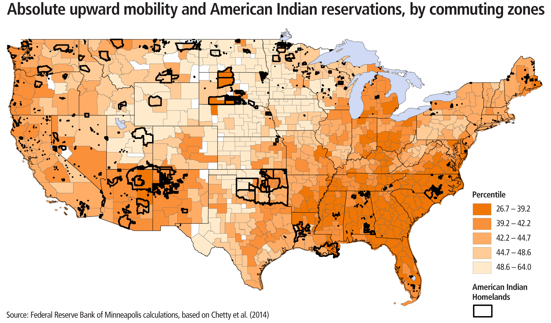 Absolute upward mobility and American Indian reservations, by commuting zones
