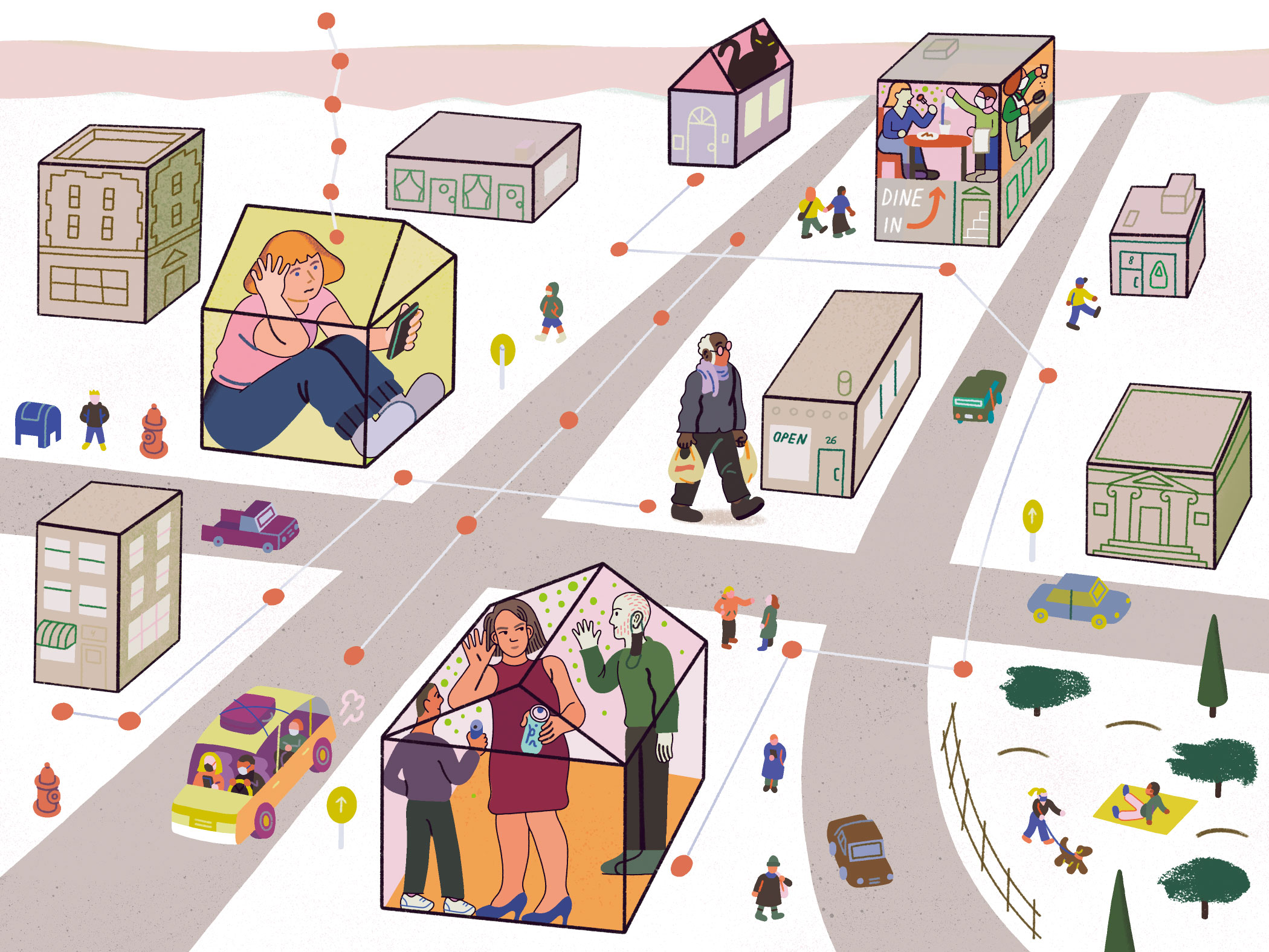 Illustration of individuals in their homes with their cell phones