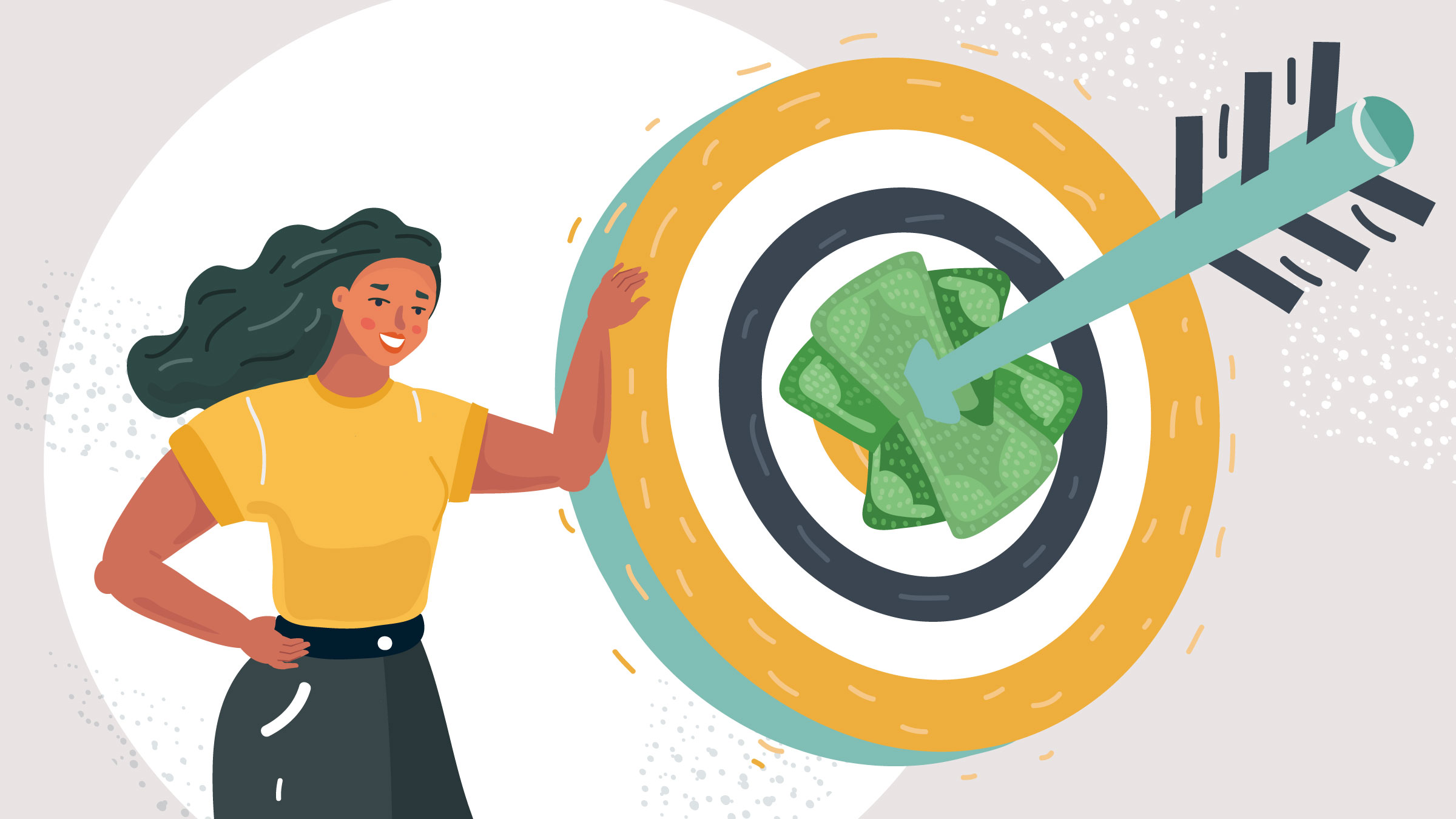 Blueprint for opportunity key, woman next to target with a bullseye