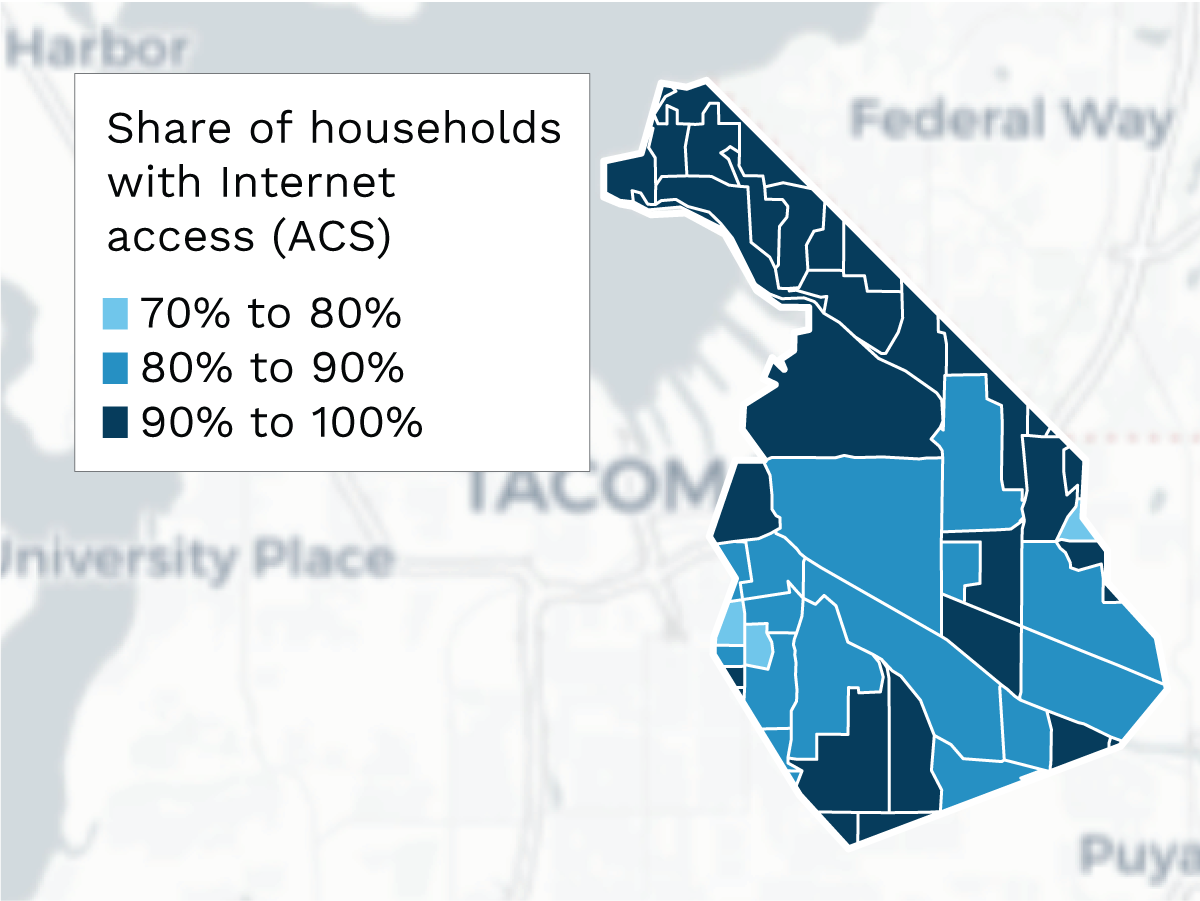 CICD research reveals depth of tribal digital divide, Figure 2, Panel B, map showing share of households with Internet access (ACS)