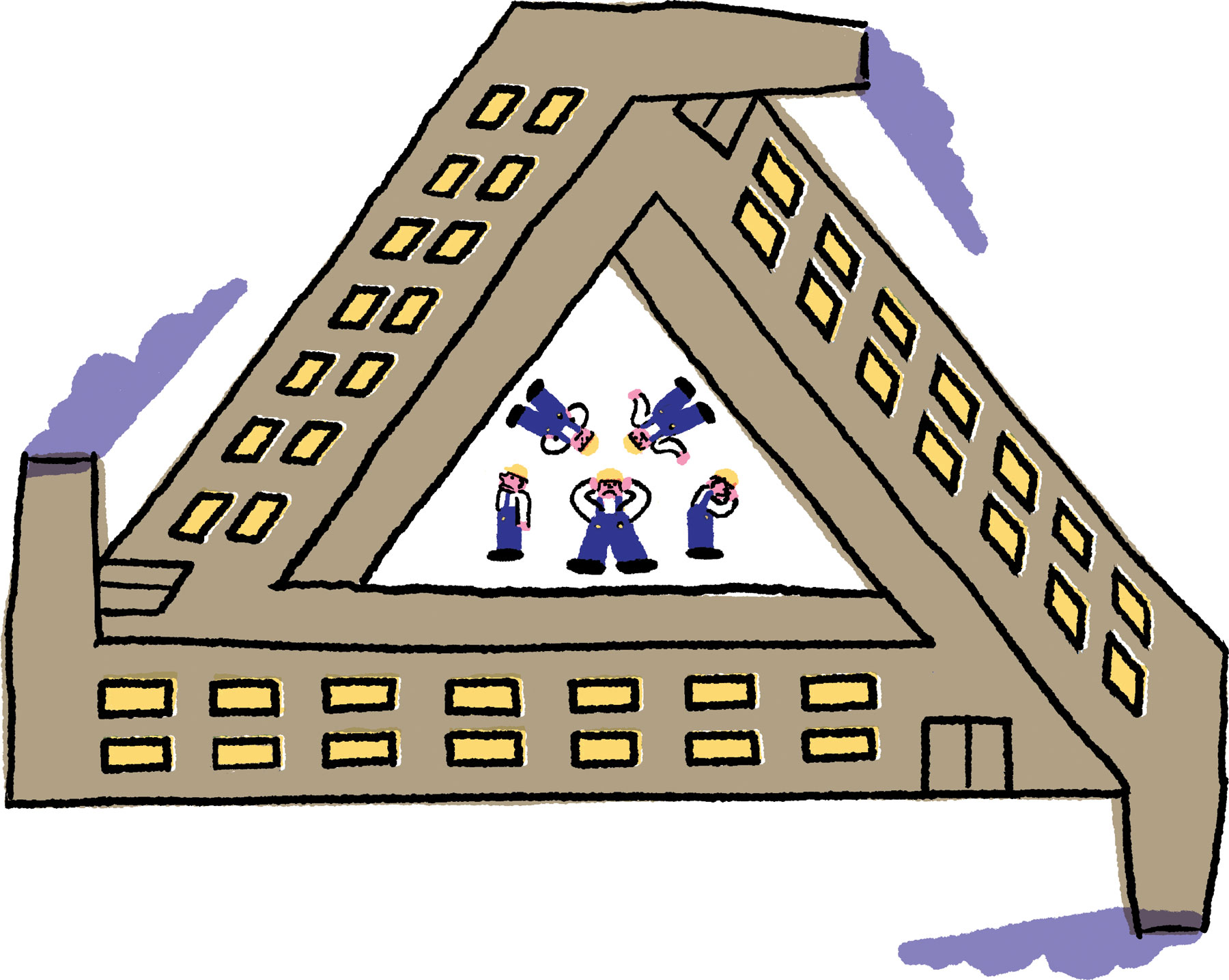 Illustration of workers trapped in the atrium of a building