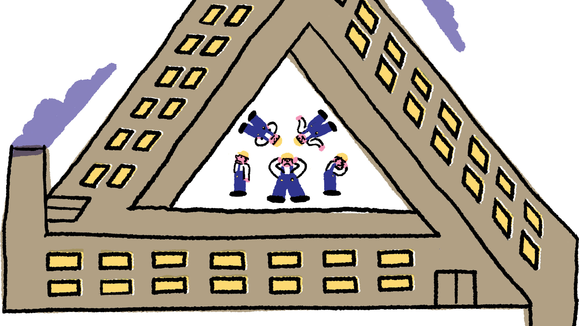 Illustration of workers trapped in the atrium of a building