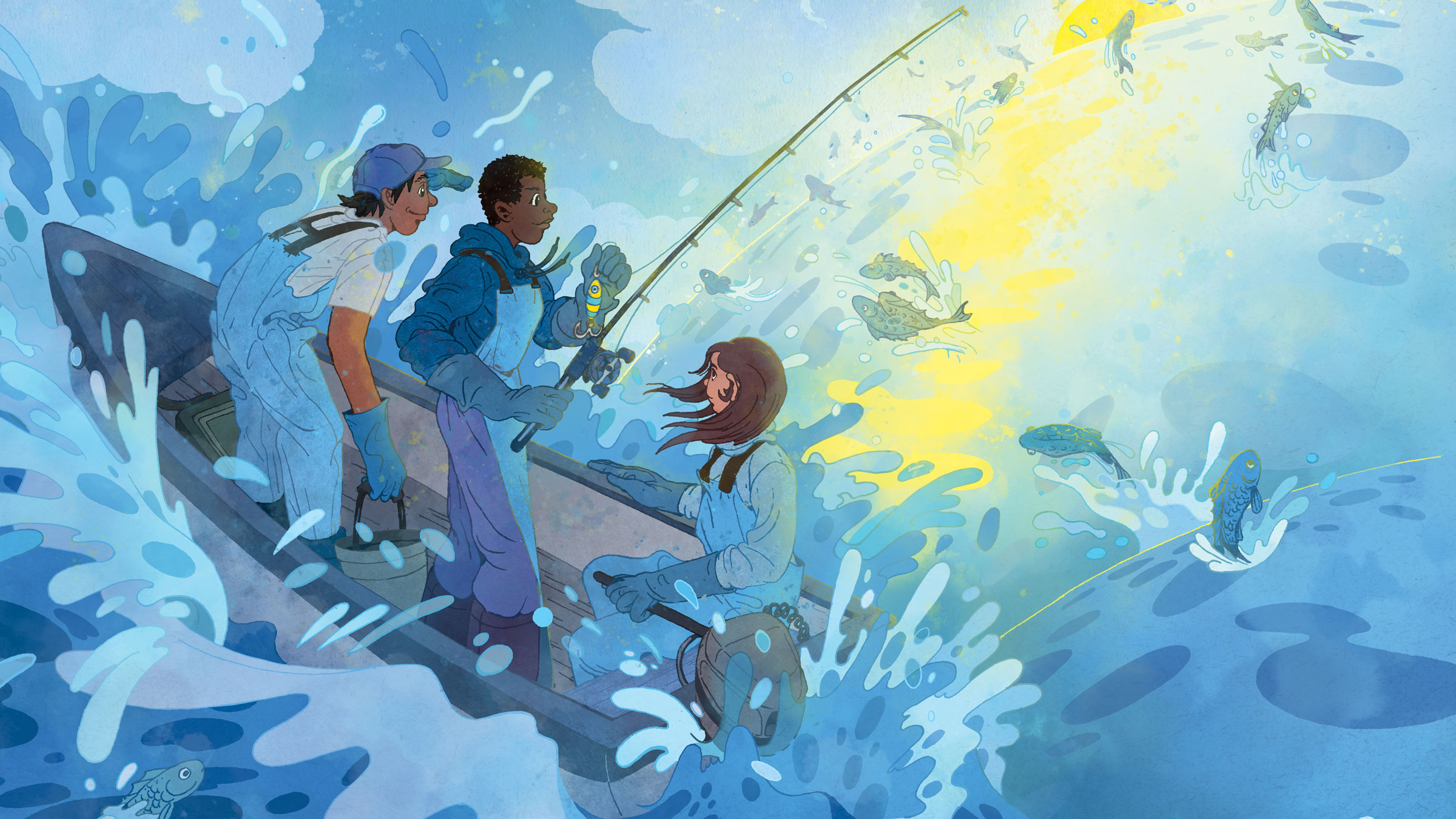 Article key illustration -- three fishers in boat in rough waters