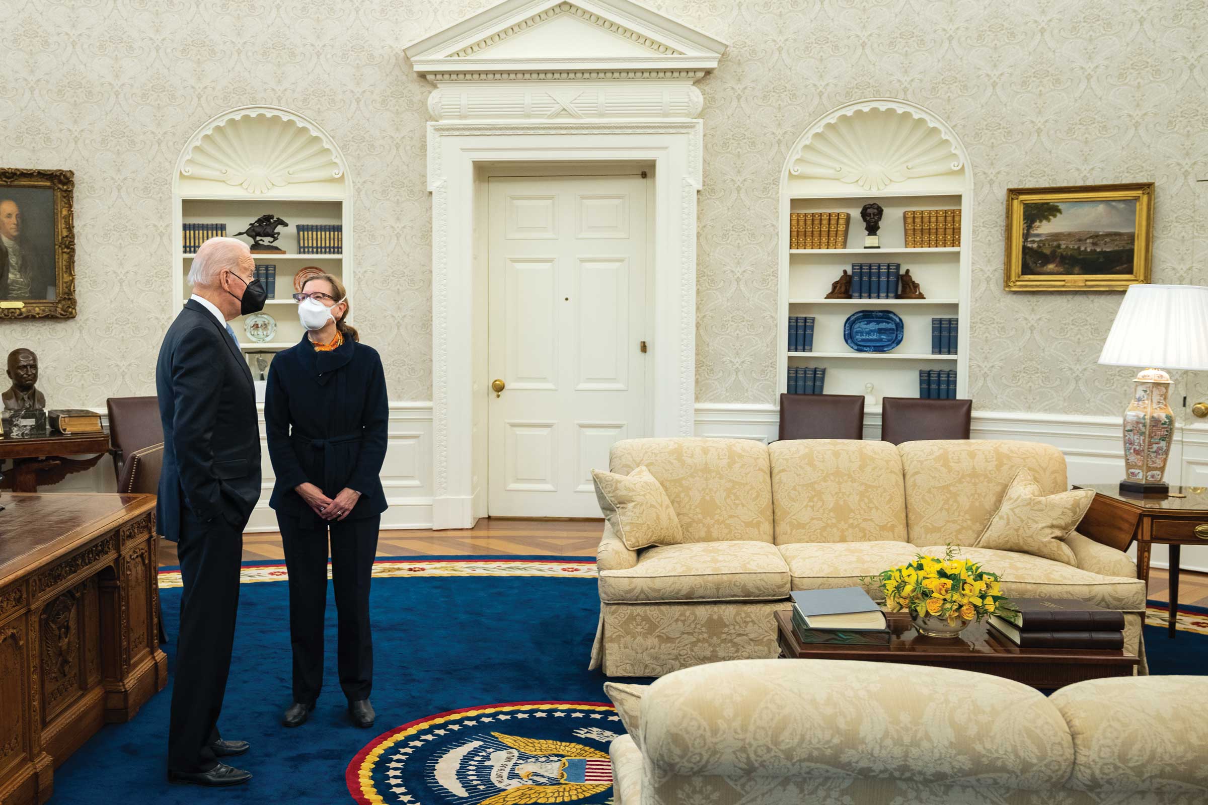 Janet Currie speaking with President Joe Biden in the White House