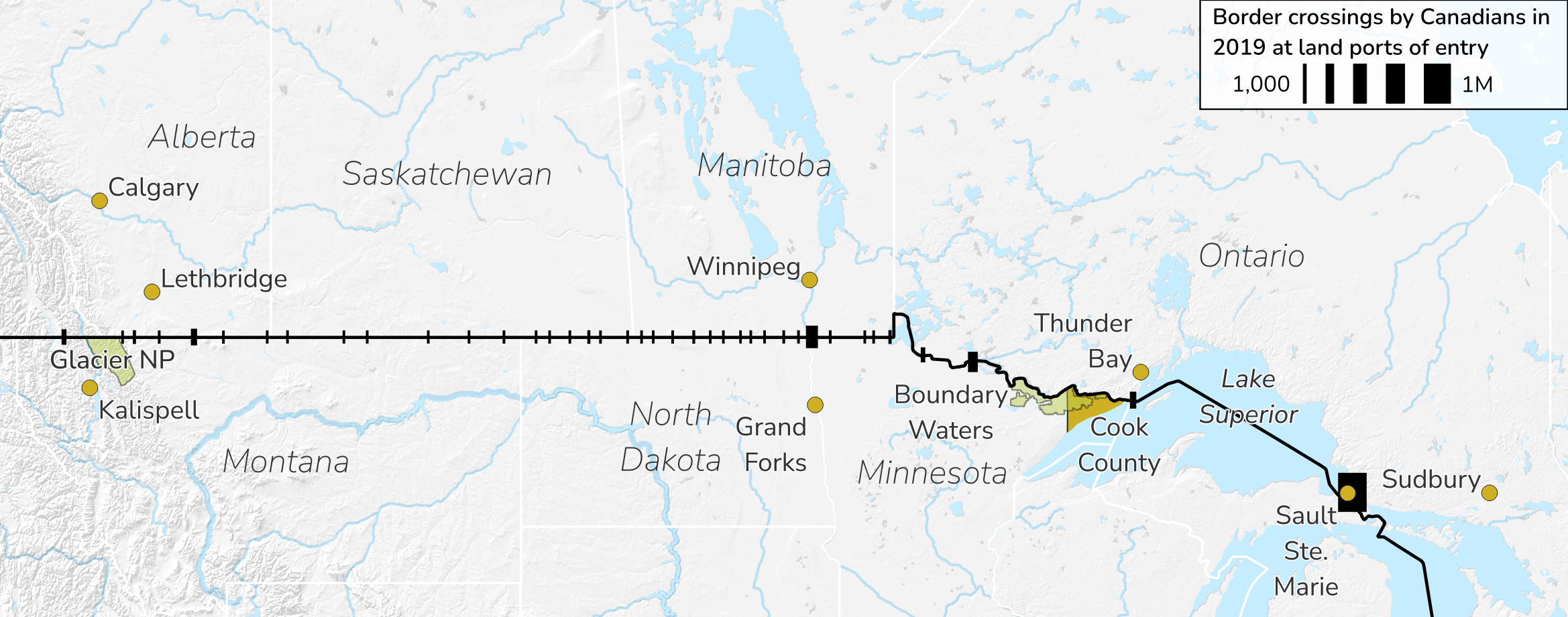Map of border crossing volume from U.S. to Canada in the Ninth District