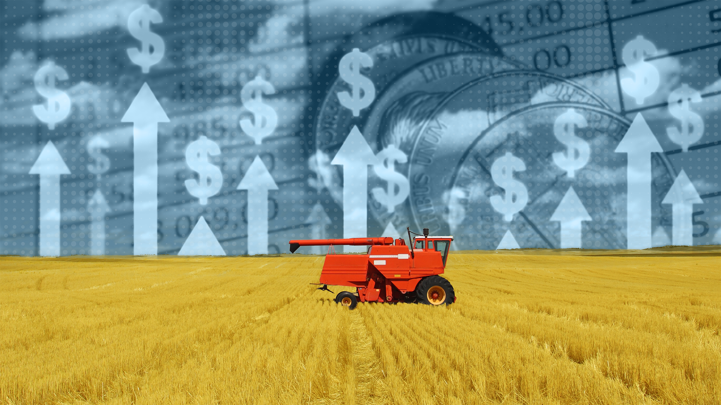 Tractor in a field in the foreground, symbols for rising inflation in the background