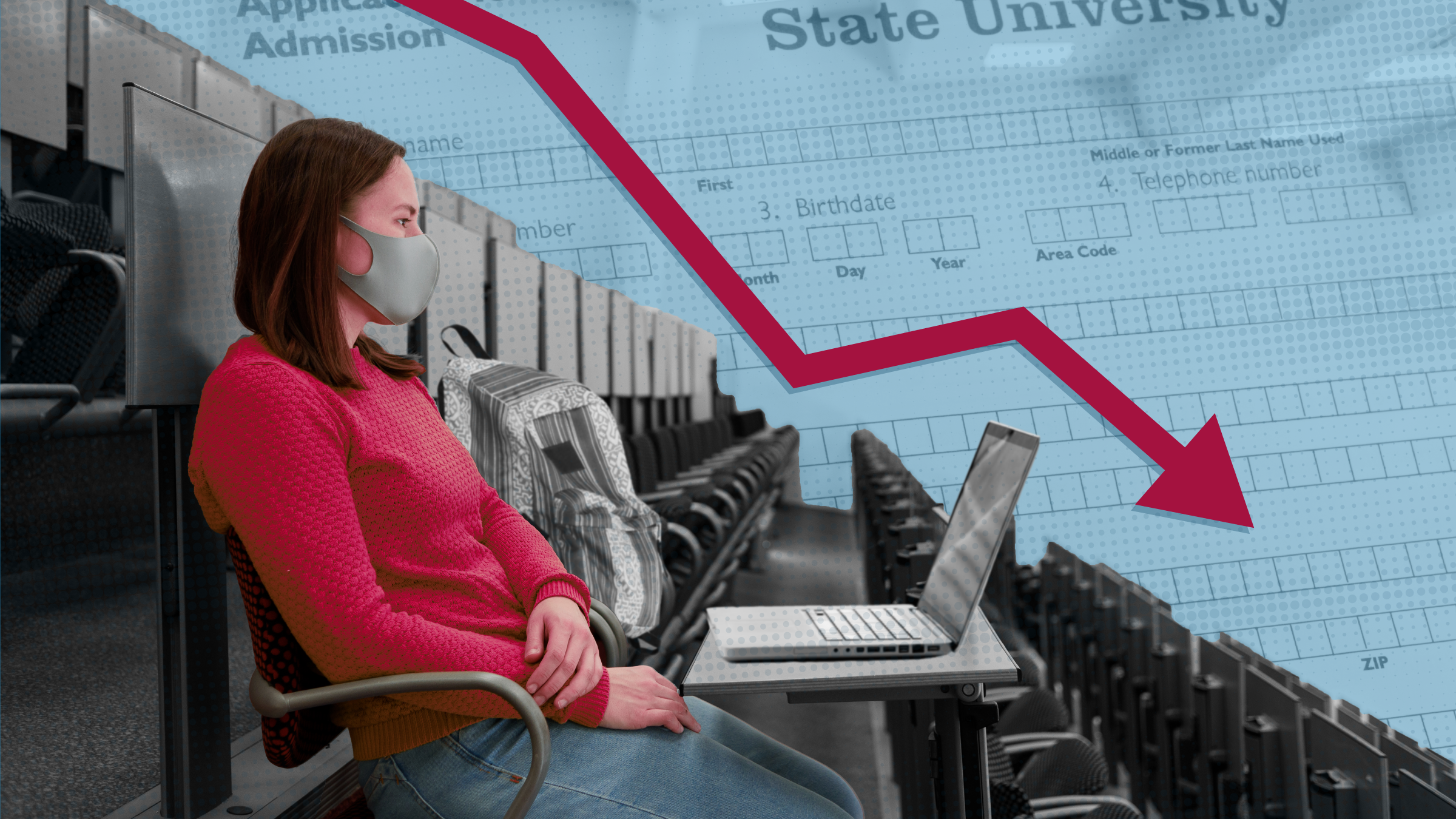 Lone student sitting in a lecture hall with downward trending arrow overlaid on an admissions application