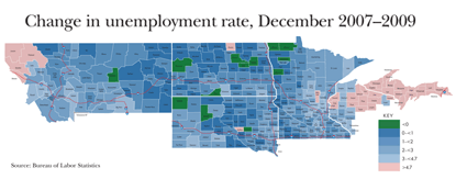 Change in unemployment rate, December 2007-09