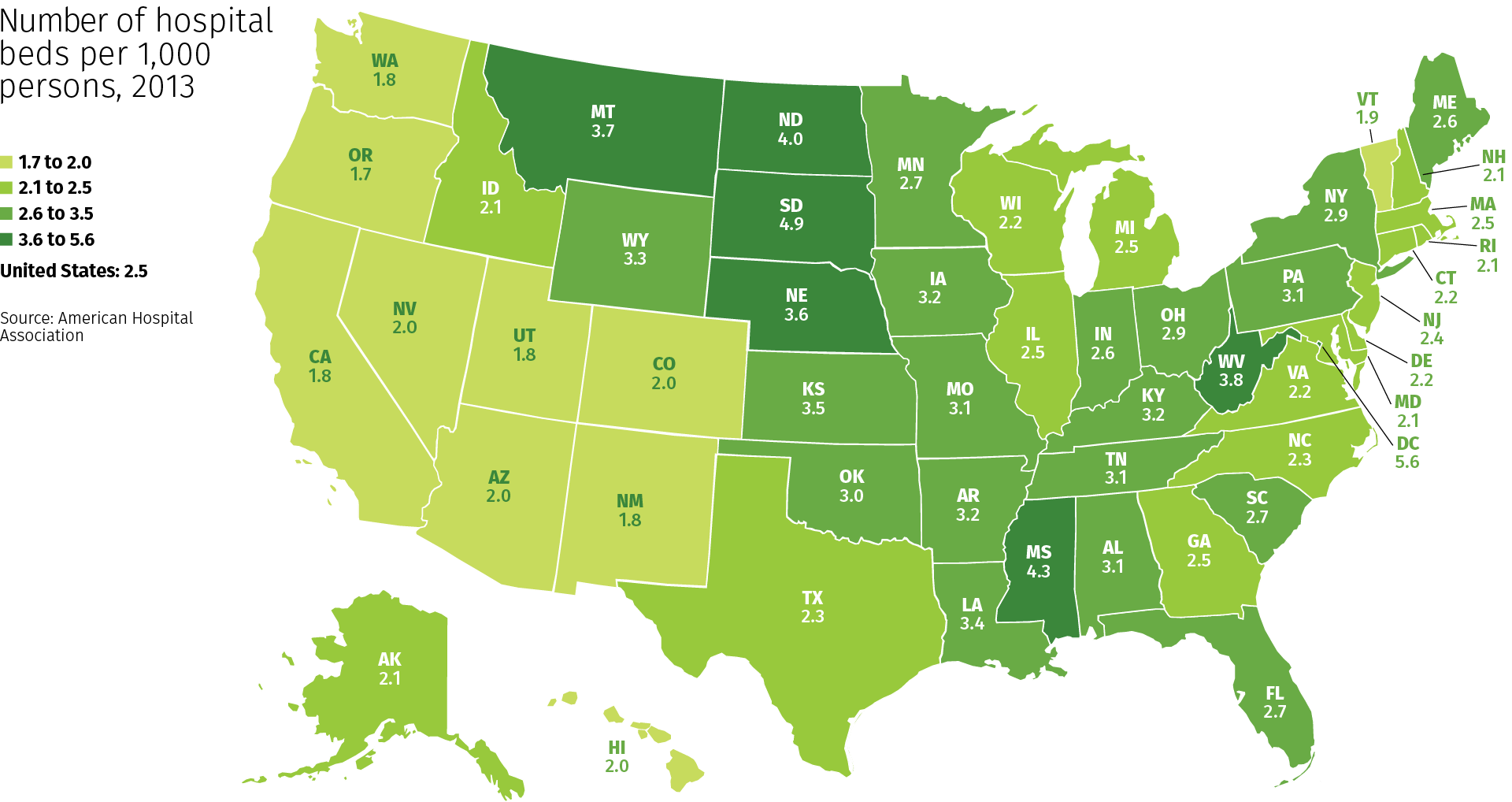 Map: Number of hospital beds per 1,000 persons, 2013