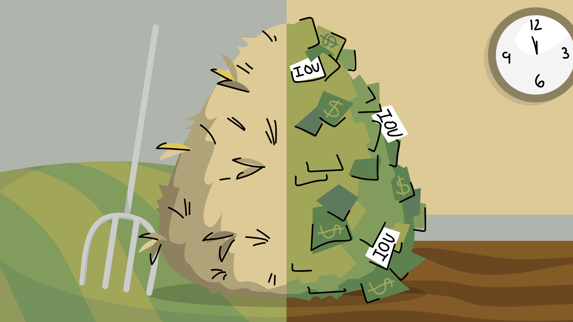 hale bale and money pile graphic