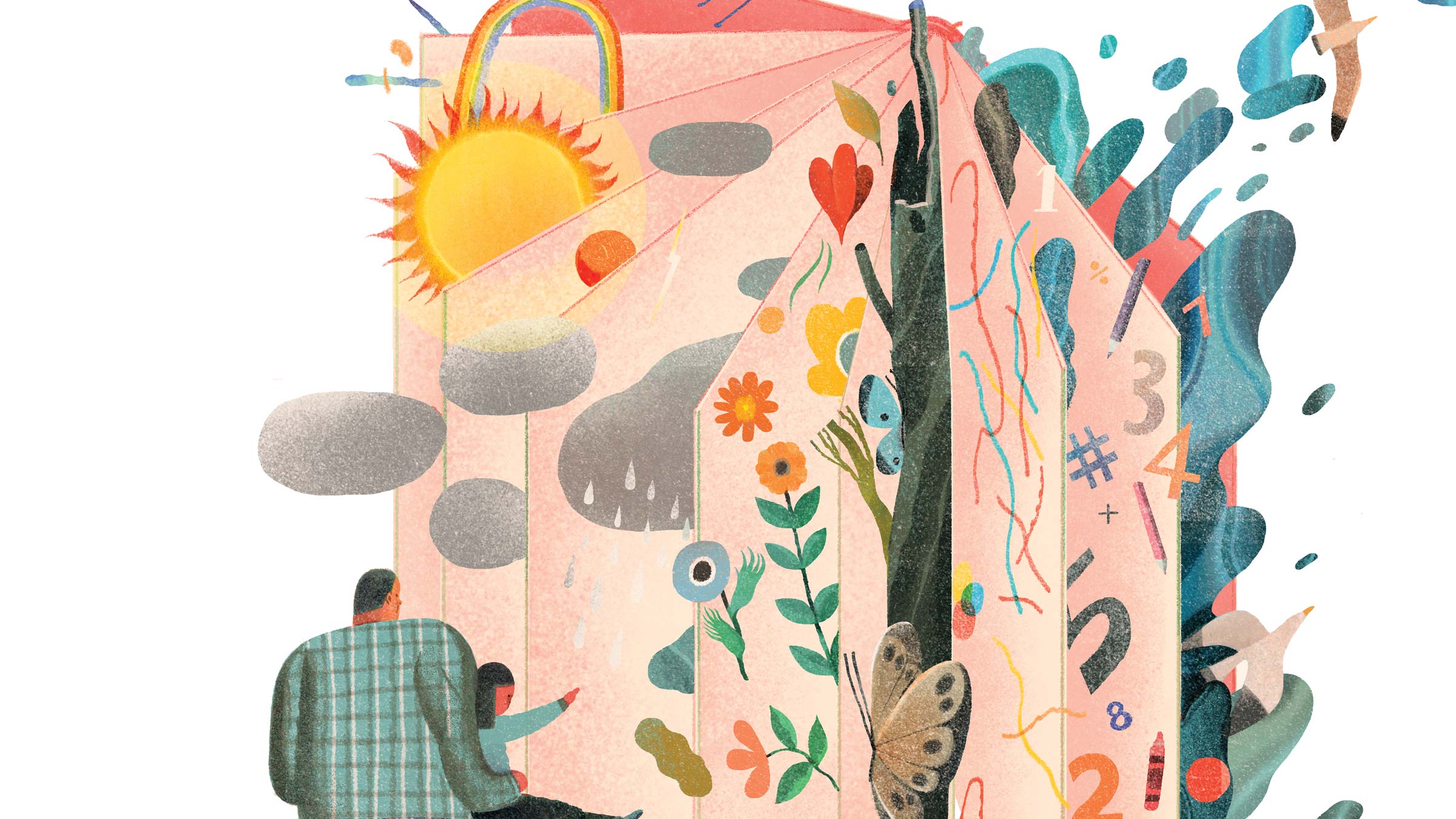 Illustration of parent and child reading a book full of opportunities