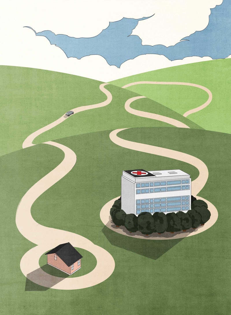 Illustration of car driving from house to hospital