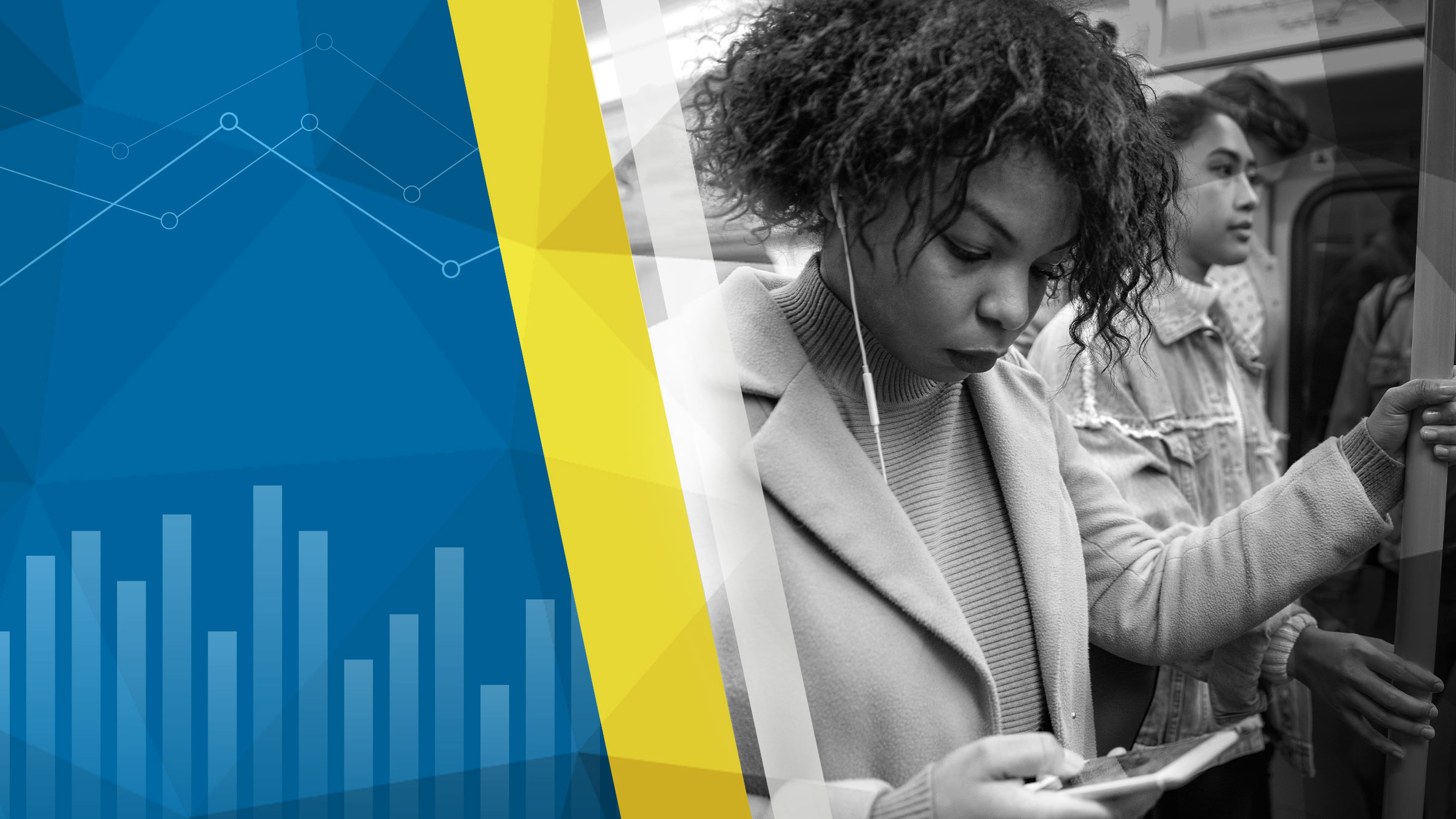 Image with graphs on a blue background on the left with a photo of ethnically diverse women on the right