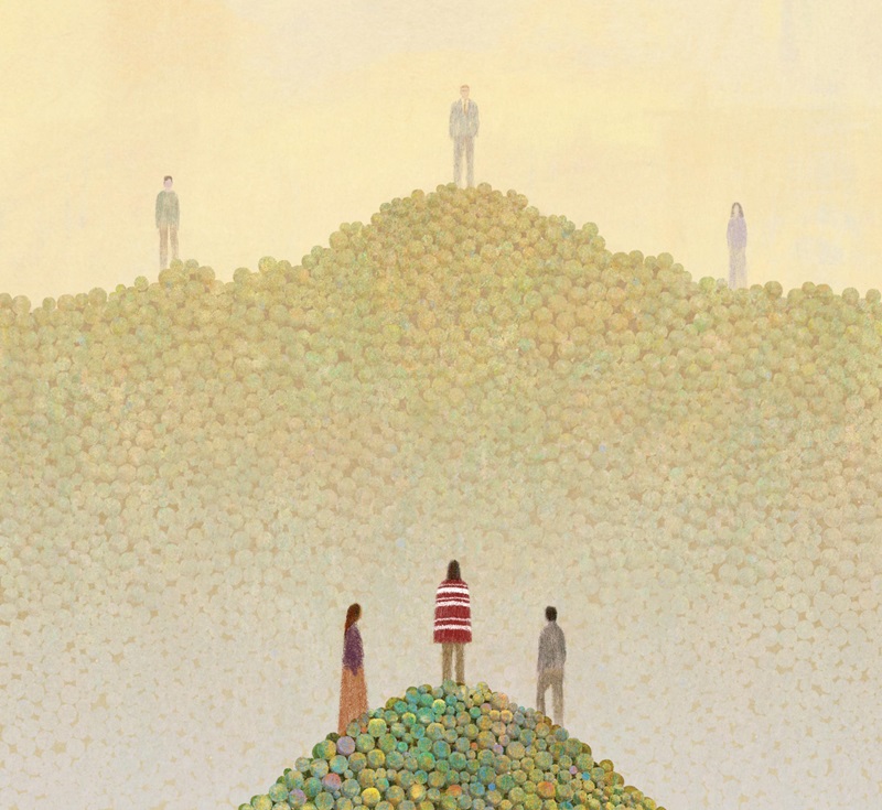 Illustration of Native American people standing on a small pile of money, eclipsed by a larger pile of money
