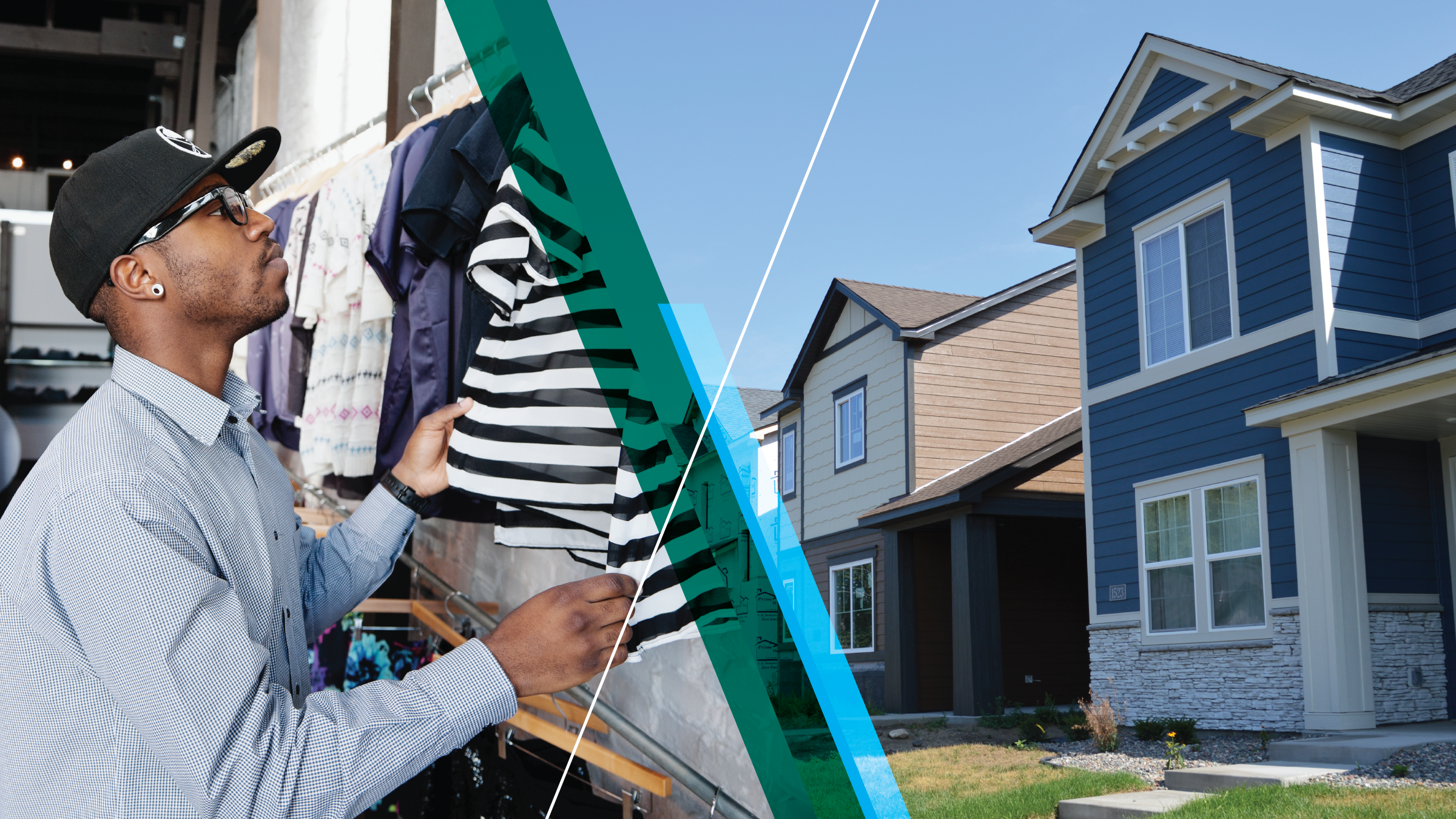 image of man shopping juxtaposed with image of housing
