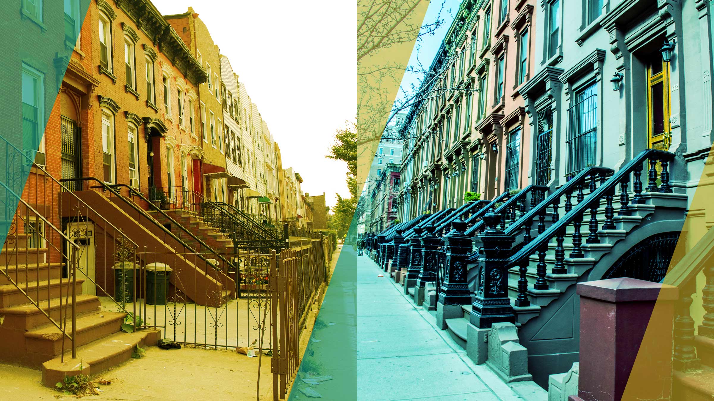 Side by side image of a low income and high income urban neighborhoods