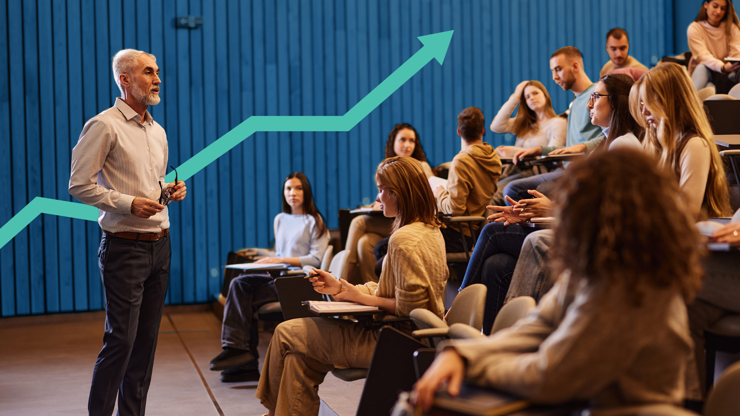 A college professor delivering a lecture to a full classroom of students with an upward graph arrow in the background