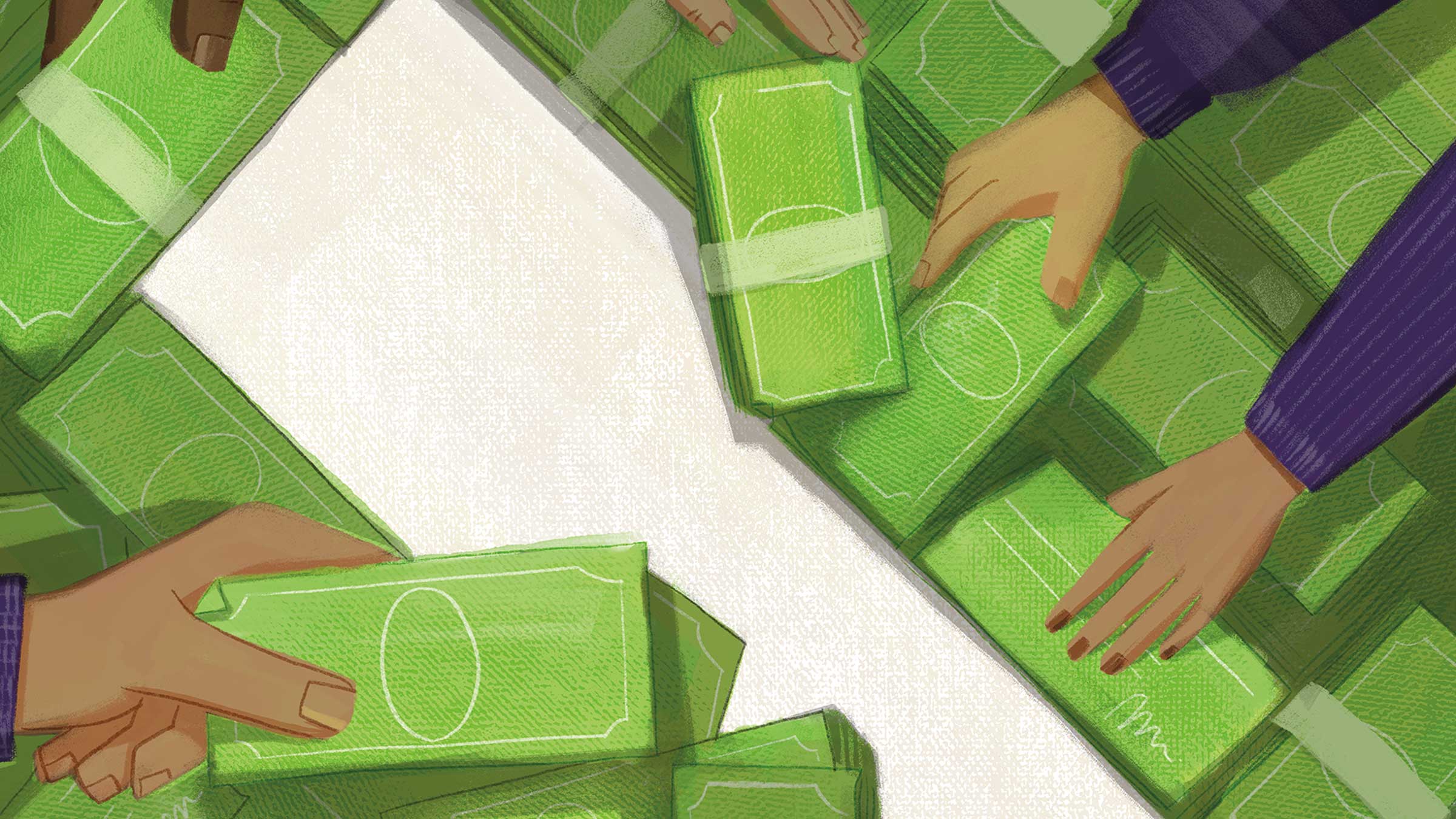 Illustration of hands holding straps of money