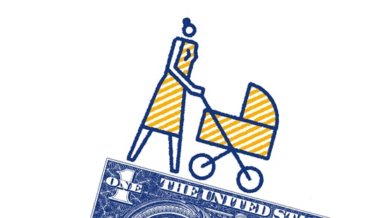 Illustration of woman pushing pram on dollar bill