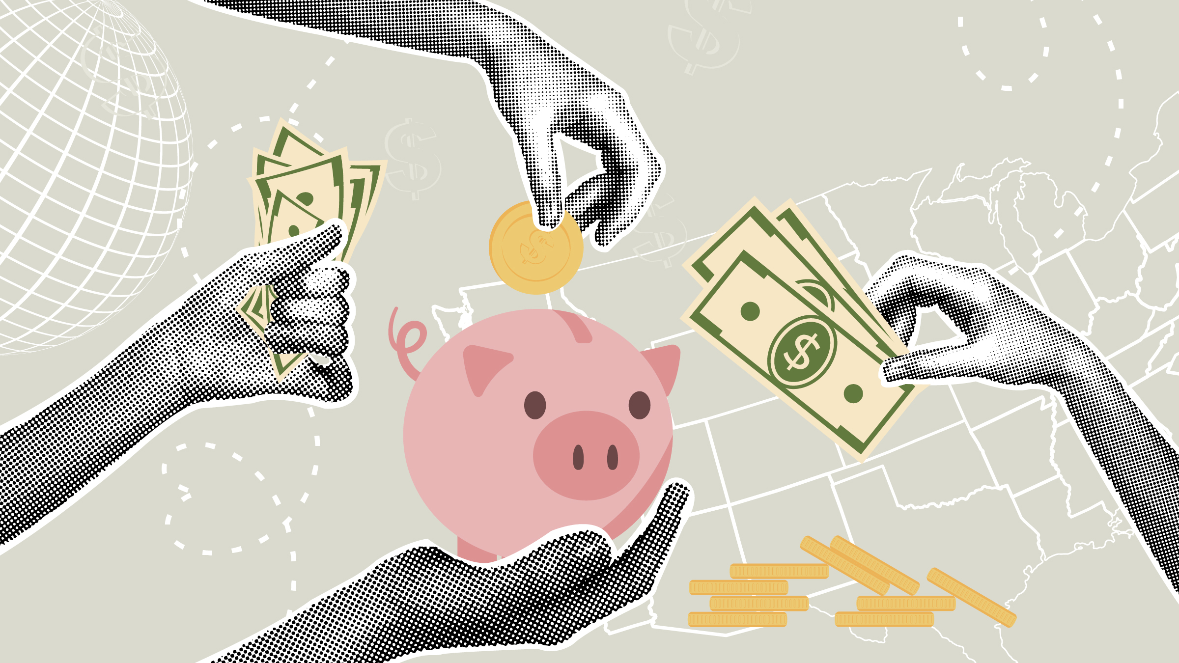 Collage graphic with hands holding money