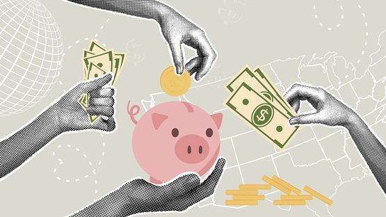 Collage graphic with hands holding money