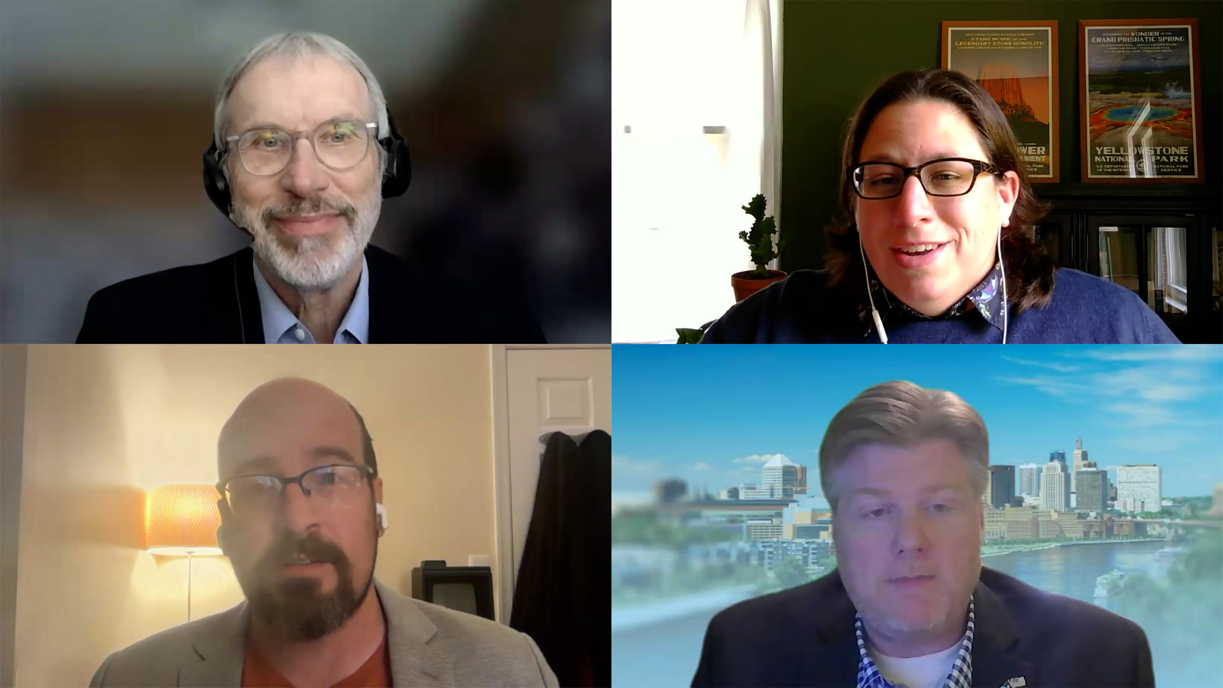 Video stills of the four speakers from the Federal Reserve Bank of Minneapolis' May 21, 2026, webinar titled "How Can Public Policy Boost Hiring?" are arranged in a two-by-two grid. Appearing clockwise from the upper left are Timothy Bartik of the Upjohn Institute, Jen Swalboski of Hired, Neal Young of the Minnesota Department of Employment and Economic Development, and Adam Ozimek, Economic Innovation Group.