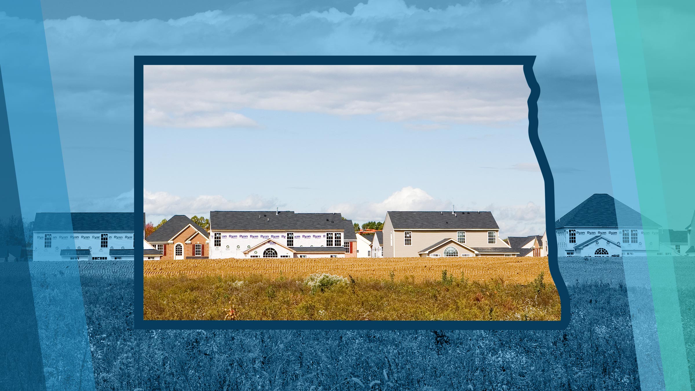 Outline of the state of North Dakota highlighting an image of houses