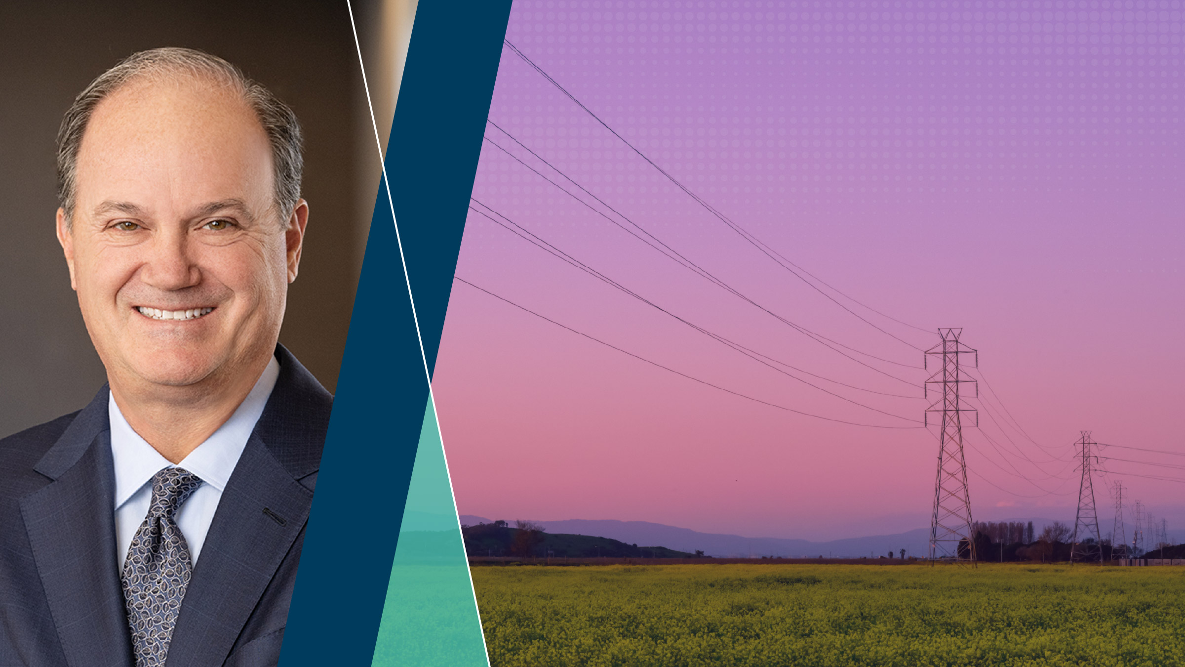 Bob Frenzel portrait juxtaposed with an image of power lines in the distance